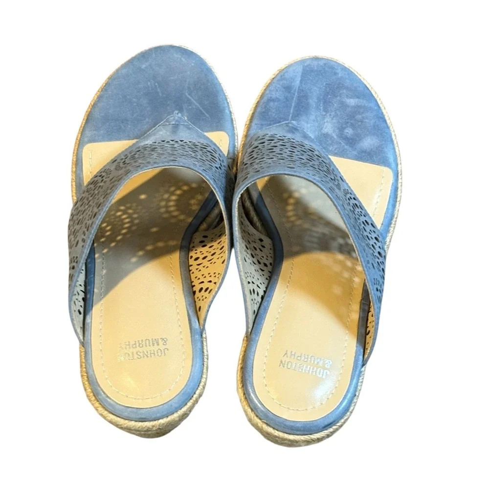 Johnston & Murphy Wedge Sandals Womens 8‎ Blue Laser Cut Espadrille Thong Mules